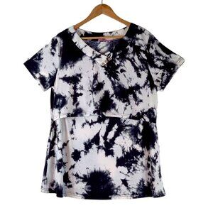 JoyMom Nursing Blouse Black White Tie Dye V-Neck Soft Knit Tunic Top Boho Sz 2XL